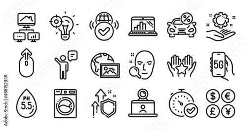 Washing machine, Graph laptop and Seo idea line icons set. Secure shield and Money currency exchange. Verified internet, Face search and Employee hand icons. Vector