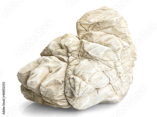 Single natural stone on white background, selective focus with shallow depth of field.