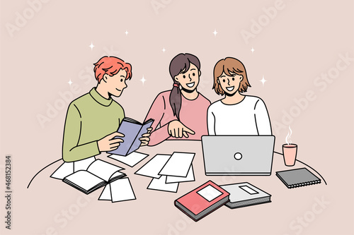 Happy diverse young people study together with books and laptop prepare for school exam or test. Smiling students learn using computer and textbooks. Education concept. Flat vector illustration. 