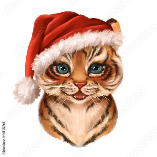 Tiger cub in santa Hat. Christmas cute animal illustration