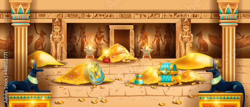 Photo Egypt pharaoh treasure background, vector game ancient temple tomb interior, gold coin pile, Anubis