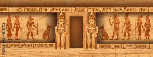 Egypt stone temple wall, vector ancient pharaoh tomb interior, goddess silhouette, religion hieroglyphs. Old civilization temple room, game level background landscape architecture. Egypt temple statue