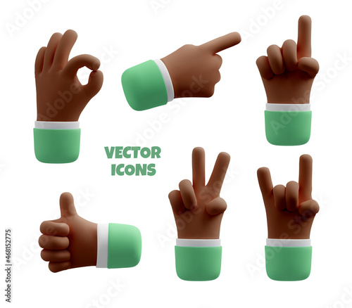 3d hand icon set. Vector realistic gesture of black skinned arms illustration, business clipart isolated on white background