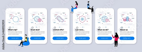 Business icons set. UI phone app screens with teamwork. Included icon as World brand, Usd coins, Paper clip signs. Messenger, Clean skin, Banking money line icons. Vector