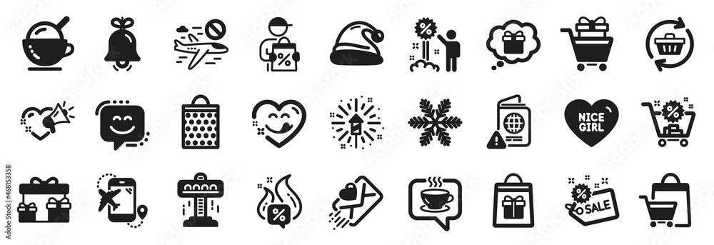 Set of Holidays icons, such as Sale, Ice cream, Attraction icons. Surprise boxes, Snowflake, Bell signs. Smile face, Sale bags, Passport warning. Shopping trolley, Coffee, Gift dream. Vector