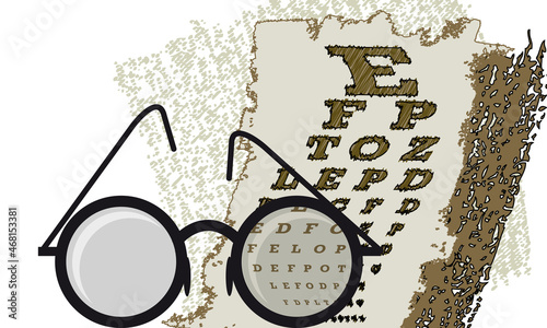 illustration vectorielle pour les opticiens avec une liste de lettres pour faire un test en utilisant des lunettes rondes pour améliorer la vue.
