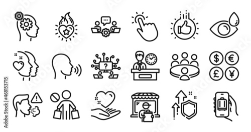 Heart, Heart flame and Eye drops line icons set. Secure shield and Money currency exchange. Thoughts, Presentation time and Delivery market icons. Teamwork question, Meeting and Teamwork signs. Vector