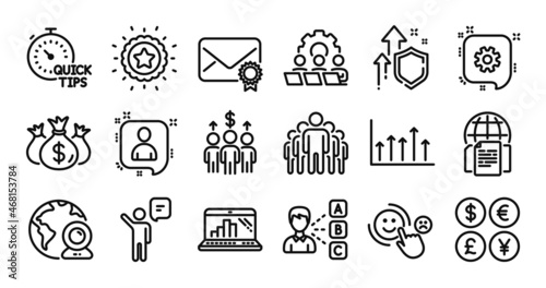 Meeting, Customer satisfaction and Group line icons set. Secure shield and Money currency exchange. Verified mail, Graph laptop and Cogwheel icons. Quick tips, Check investment and Agent signs. Vector
