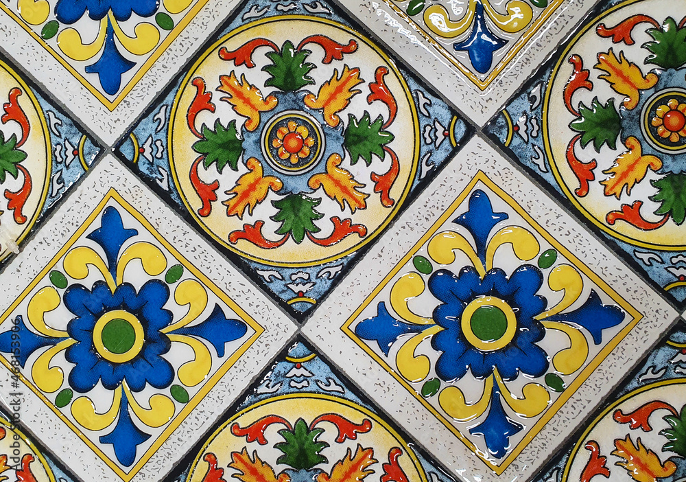 tiles with traditional floral motifs in Auchan market Targu Mures city - Romania tiles with traditional floral motifs in Auchan market Targu Mures city - Romania