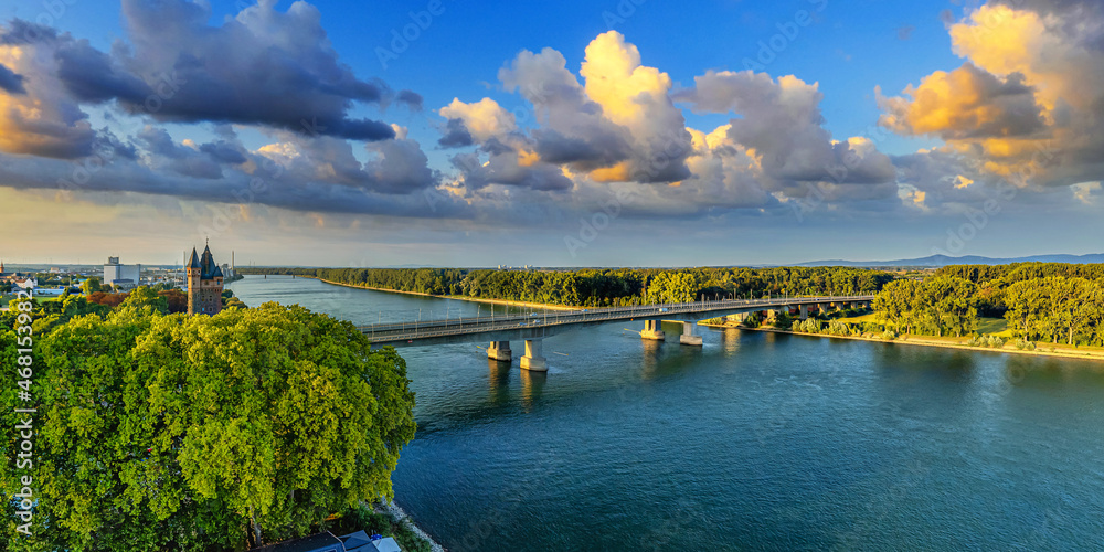 Rhine river Nibelung bridge to Worms aerial Rhine river Nibelung bridge to Worms aerial