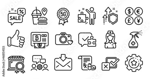 Discounts bubble, Medical cleaning and Photo camera line icons set. Secure shield and Money currency exchange. Medical prescription, Engineering team and Strategy icons. Vector
