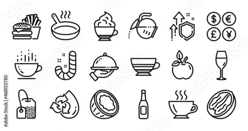 Candy, Frying pan and Beer line icons set. Secure shield and Money currency exchange. Mocha, Restaurant food and Eco food icons. Coffee, Coffee pot and Recycle water signs. Vector