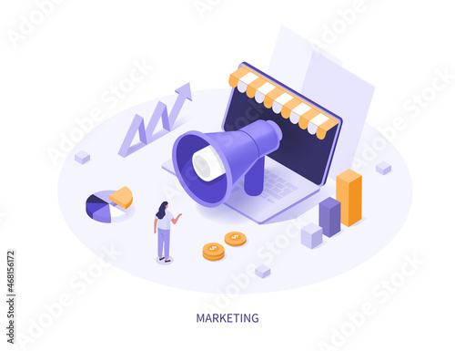 Digital marketing 3d isometric illustration. Character standing near laptop with Loudspeaker on it. Public relation, digital marketing and media concept. Vector illustration.