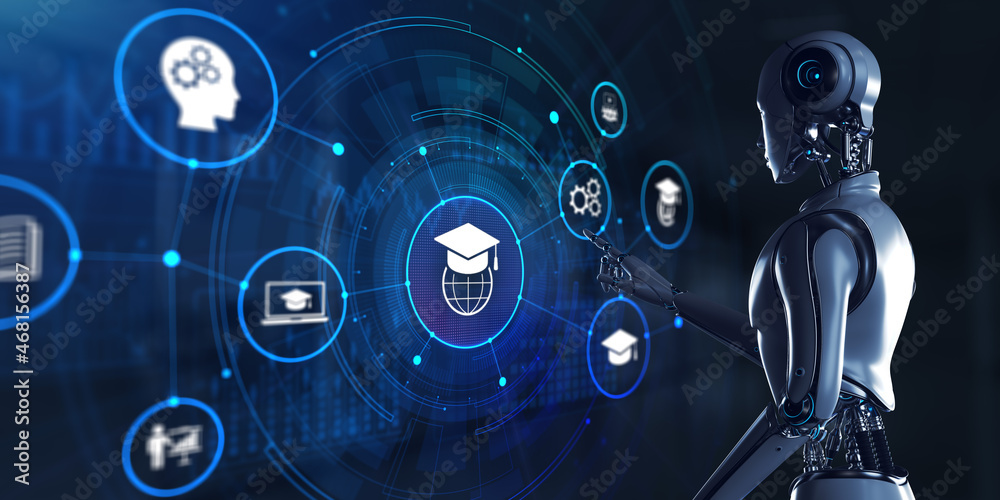E-learning EdTech education technology concept. Robot pressing button on screen 3d render.