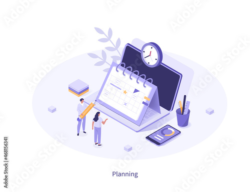Schedule planning 3d isometric illustration. Character standing near laptop and filling up a calendar. Business plan and time management concept. Vector illustration.