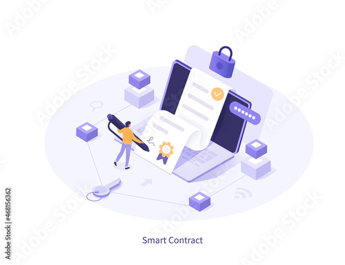 Smart contract 3d isometric illustration. Character signing document or license agreement with electronic digital signature protected with cyber security technology. Vector illustration.