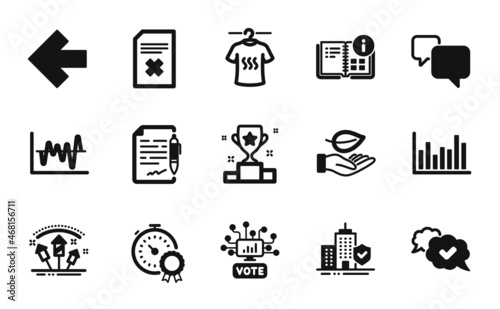 Vector set of Approved, Online voting and Best result icons simple set. Stock analysis, Winner cup and Agreement document icons. Bar diagram, Speech bubble and Delete file signs. Vector