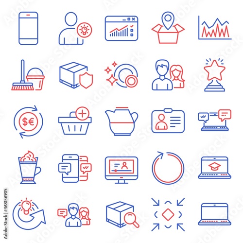 Line icons set. Included icon as Investment, Latte coffee, Online video signs. Loop, Share idea, Website education symbols. Notebook, Delivery insurance, Couple. Package location, Milk jug. Vector