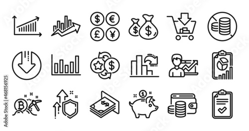 Column chart, Atm money and Bitcoin mining line icons set. Secure shield and Money currency exchange. Loyalty points, Chart and Success business icons. Shopping, Report and Coins bags signs. Vector