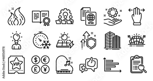 Freezing timer, Piano and Vip ticket line icons set. Secure shield and Money currency exchange. Search analysis, Fire energy and Teamwork icons. Vector