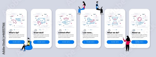 Science icons set. UI phone app screens with teamwork. Included icon as Consolidation, Computer mouse, Time signs. Success business, Quick tips, Employee hand line icons. Vector