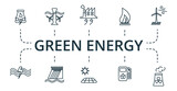 Green Energy icon set. Collection of simple elements such as the tidal energy, solar power, champagne, heart and arrow, heart lock, balloons, love search.