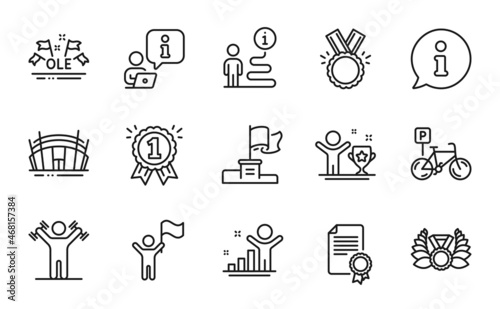 Sports icons set. Included icon as Honor, Winner cup, Dumbbells workout signs. Arena stadium, Leadership, Ole chant symbols. Certificate, Winner, Laureate medal. Bicycle parking, Reward. Vector