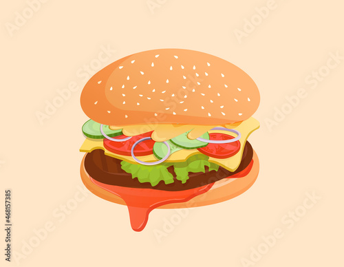 Cheeseburger with meat  salad  tomato  cucumber  onion  sauce and cheese.  flat illustration of fast food hamburger for poster  advertisement  menu  web  restaurant