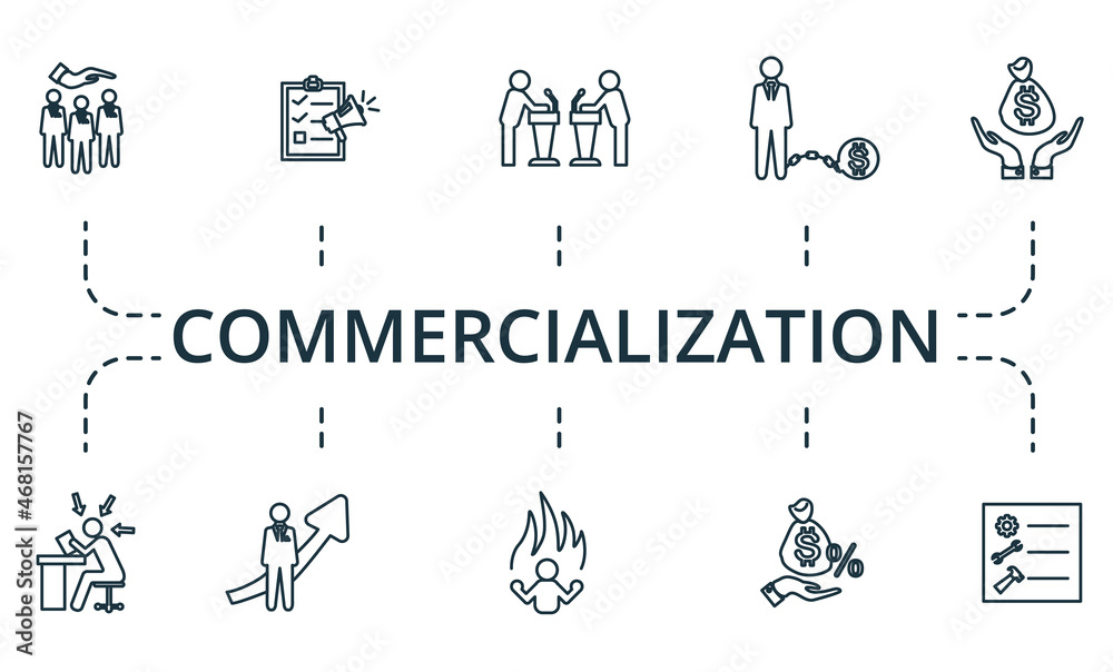 Commercialization icon set. Collection of simple elements such as the media plan, publicity, 13, debate, creditors, corporate responsibility.