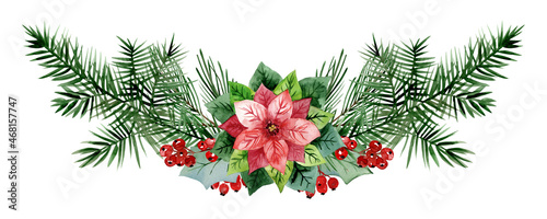 Isolated watercolor Christmas composition hand drawn on white background