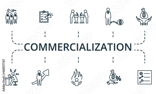 Commercialization icon set. Collection of simple elements such as the media plan, publicity, 13, debate, creditors, corporate responsibility.