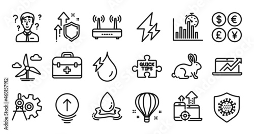 Swipe up, Quick tips and Hydroelectricity line icons set. Secure shield and Money currency exchange. Electricity, First aid and Cogwheel dividers icons. Vector