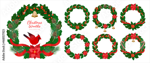 Christmas ornamental wreaths set in traditional vintage style. Vector green decorative holly wreaths with ornaments. Round frames for Christmas cards and winter design. Xmas elements isolated on white
