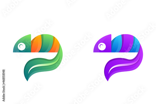set of Chameleon leaf logo design. Lizard animal, Exotic animal, Chameleon logo template. Creative chameleon logo icon design. gradient orange - green and purple - blue colors in design.