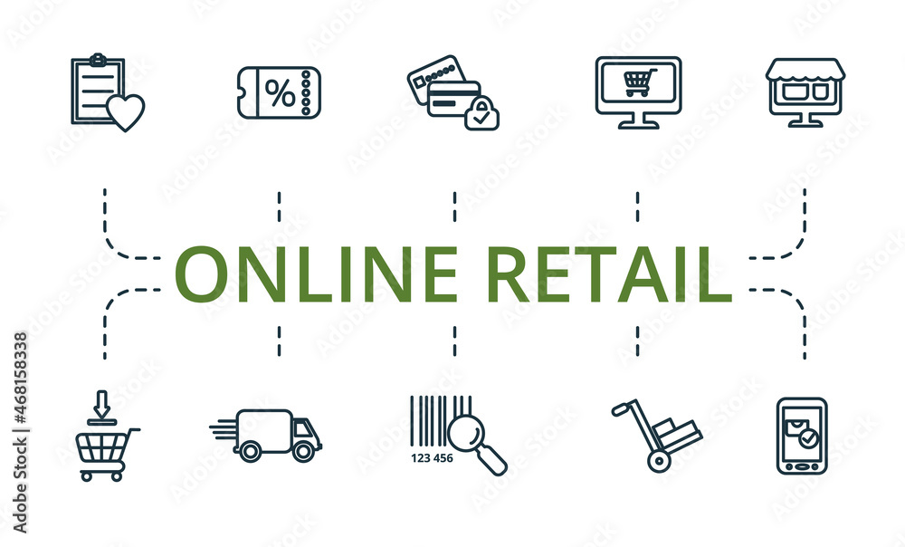 Online Retail icon set. Collection of simple elements such as the coupon, buy online, online marketplace, tracking code, delivery, cargo. Online Retail icon set. Collection of simple elements such as the coupon, buy online, online marketplace, tracking code, delivery, cargo.