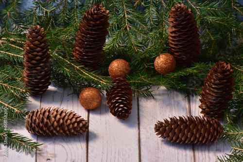 Obraz na płótnie Christmas background of green spruce branches with new year decorations w salonie