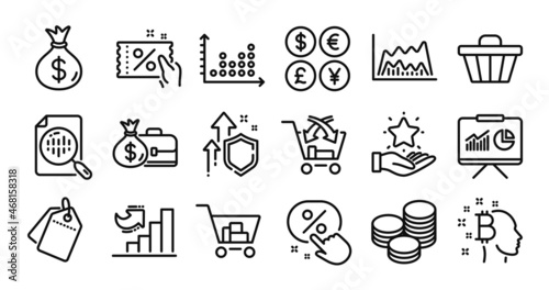 Internet shopping, Growth chart and Presentation line icons set. Secure shield and Money currency exchange. Money bag, Discount coupon and Cross sell icons. Vector