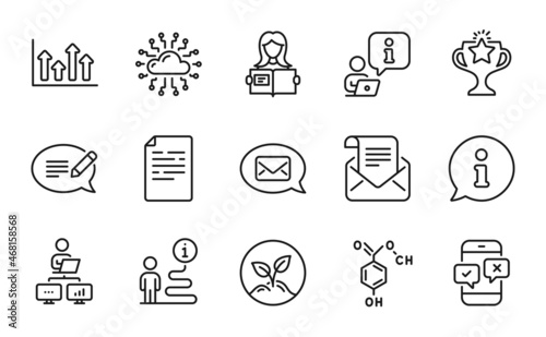 Education icons set. Included icon as Chemical formula, Woman read, Mail newsletter signs. Messenger, Startup, Victory symbols. Phone survey, Work home, Document. Upper arrows, Message. Vector