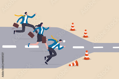 Bottleneck make business run slow, struggle workflow or busy point make project delay, traffic jam or trouble flow concept, business people run on wide road to reach narrow slow bottleneck.