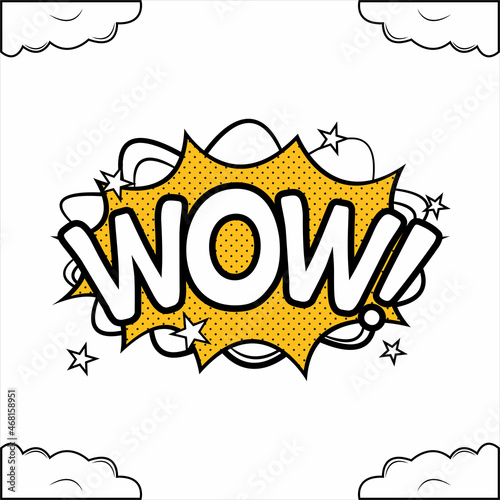 Wow, comic explosion. Comic blast vector with text bubble. Cartoon burst with white color wordings and clouds. Funny explosion bubbles for cartoons with white and yellow colors. Comics wow text.