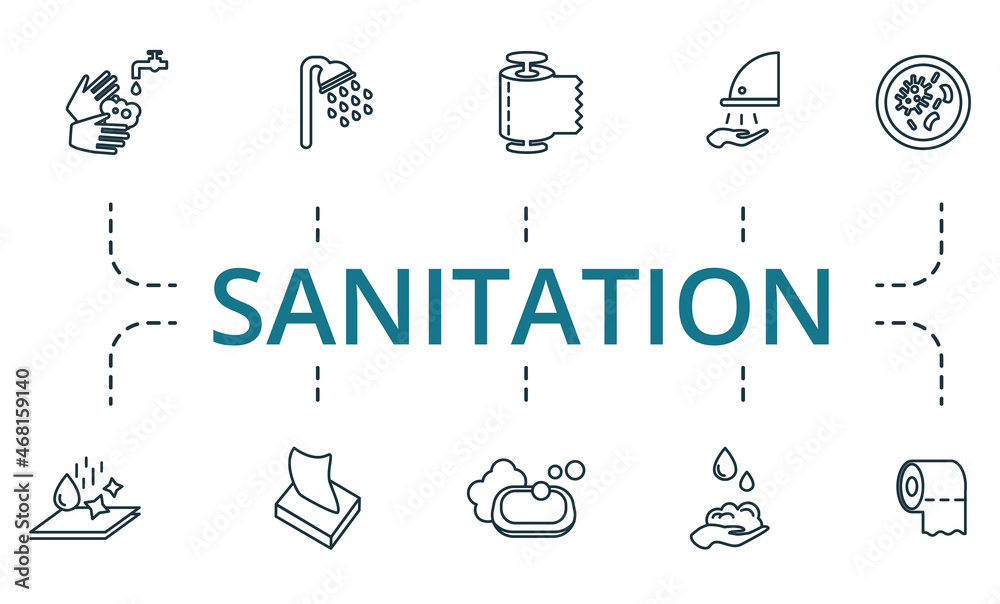 Sanitation icon set. Collection of simple elements such as the shower, hygiene, greenhouse effect, world temperature, oil spill, tsunami, nuclear tank.