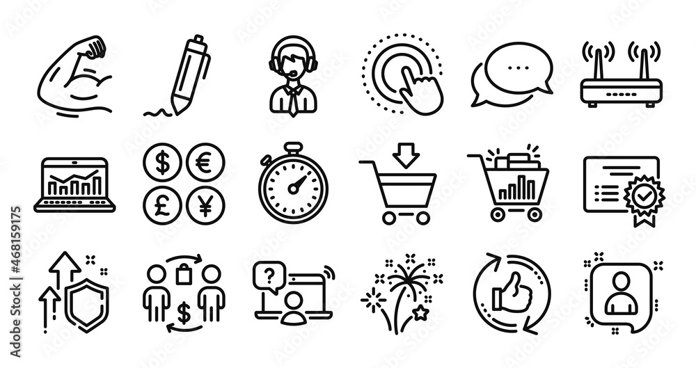 Click hand, Web analytics and Timer line icons set. Secure shield and Money currency exchange. Dots message, Shipping support and Online market icons. Vector Click hand, Web analytics and Timer line icons set. Secure shield and Money currency exchange. Dots message, Shipping support and Online market icons. Vector