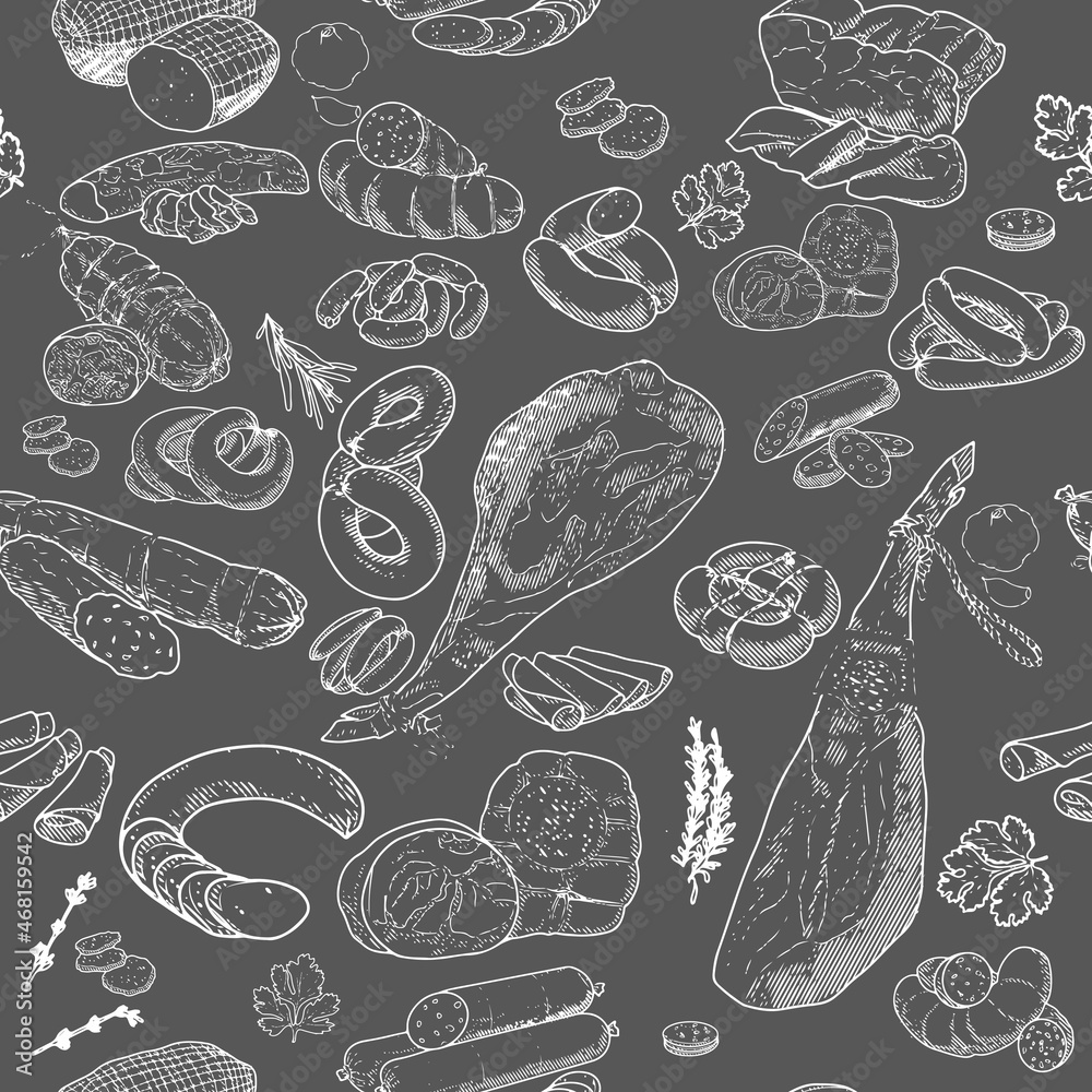 Seamless Pattern of meat products and meat delicacies. Sausages, ham, bacon, lard, salami in sketch style. Background for printing butcher shop packaging Seamless Pattern of meat products and meat delicacies. Sausages, ham, bacon, lard, salami in sketch style. Background for printing butcher shop packaging