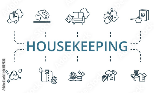 Housekeeping icon set. Collection of simple elements such as the washing powder, ironing, clothing repair, ozonation, hand wash, shoe cleaning.