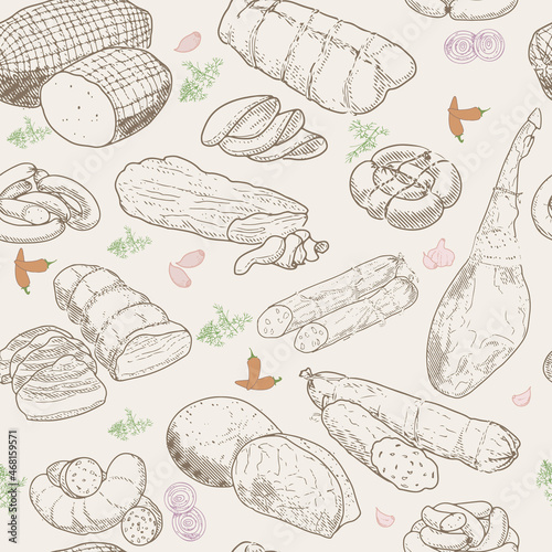 Seamless Pattern of meat products and meat delicacies. Sausages  ham  bacon  lard  salami in sketch style. Background for printing butcher shop packaging