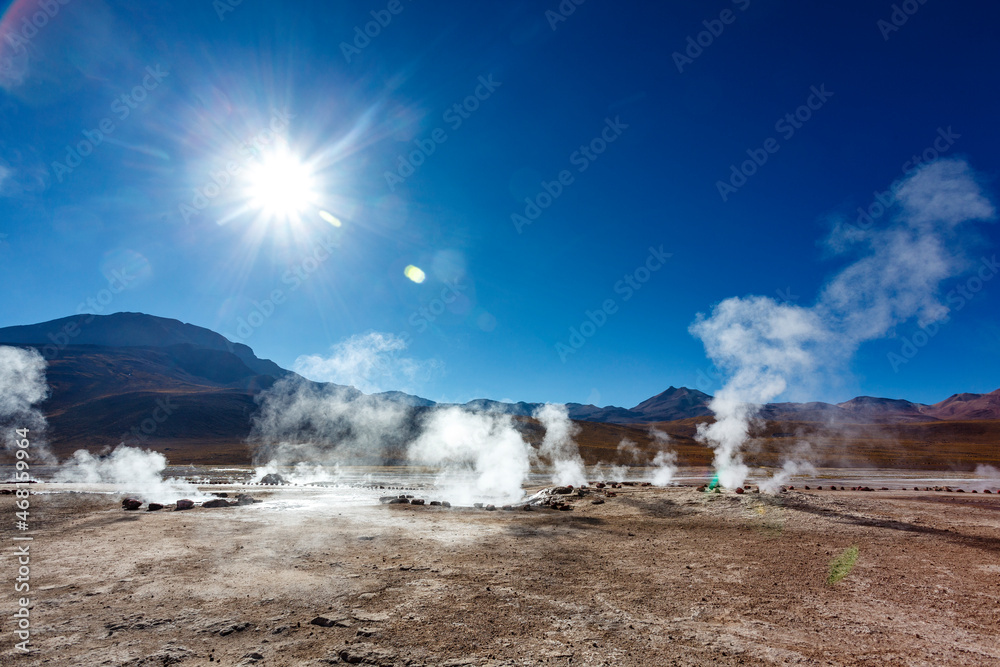 Landscape of El Tatio geothermal field with geyers in the Andes mountains, Atacama, Chile, South America Landscape of El Tatio geothermal field with geyers in the Andes mountains, Atacama, Chile, South America