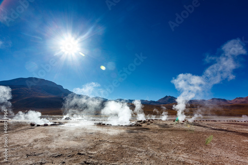 Landscape of El Tatio geothermal field with geyers in the Andes mountains, Atacama, Chile, South America