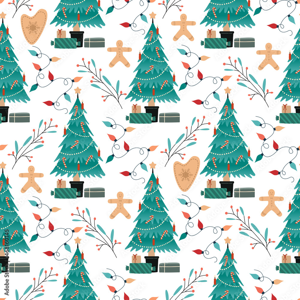 Christmas festive pattern with Christmas tree, garland and cookies. Illustration in a flat style Christmas festive pattern with Christmas tree, garland and cookies. Illustration in a flat style