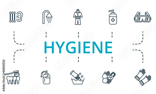 Hygiene icon set. Collection of simple elements such as the rubber gloves, teeth cleaning, hand washing, disinfecting gel, shower, protective suit.
