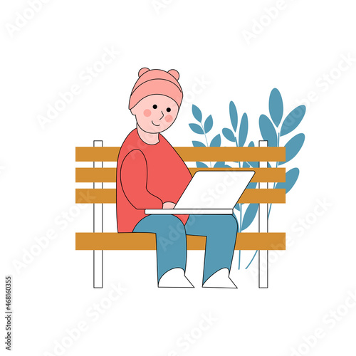 Teenager with laptop sitting in nature and leaves. Vector illustration in flat cartoon style. Concept for working, freelancing, studying, education.
